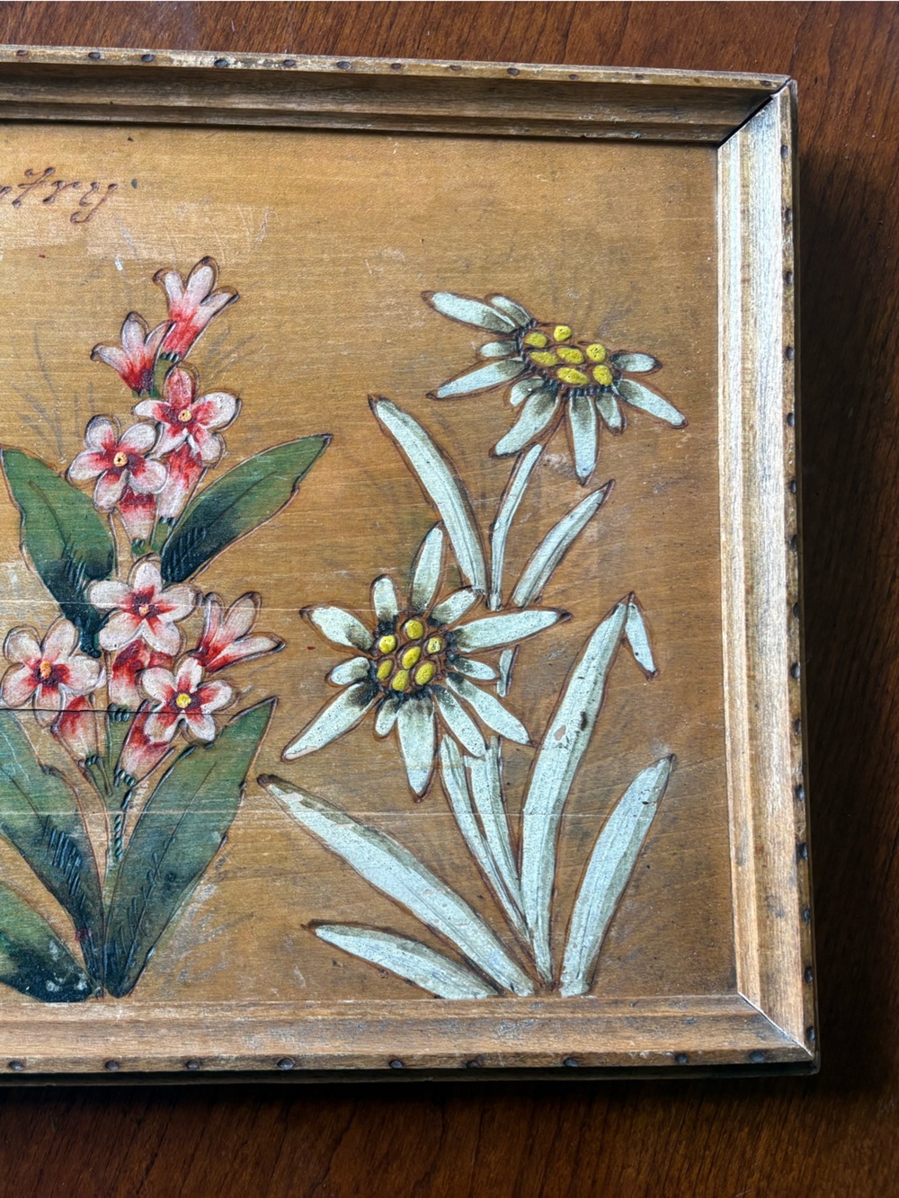 Beautiful Pyrograph Vintage Wooden Artwork Hand Painted Folk Art/ Cottage Core